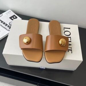 Loewe Tan Leather Slide Sandals with Gold Medallion